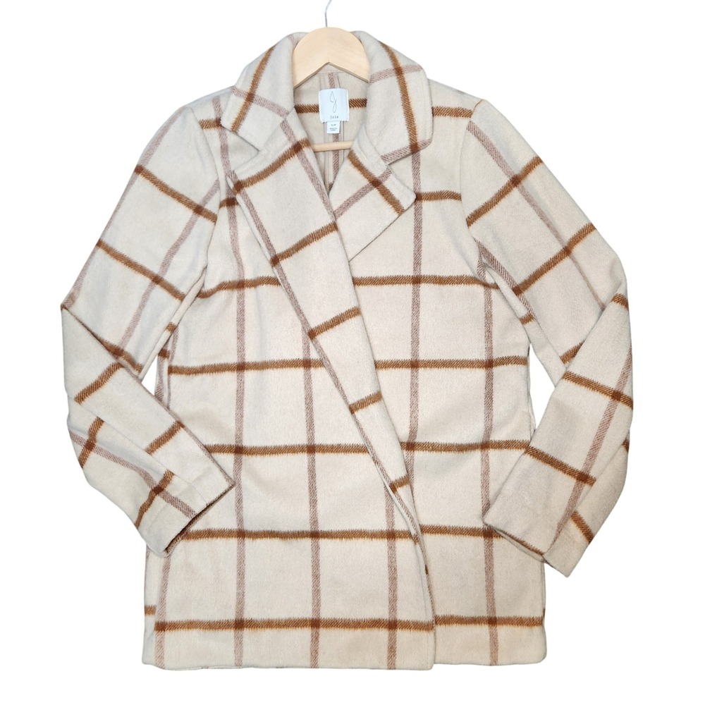 Joie Plaid Open Front Wool‎ Coat Soft Oversized Preppy Academia Cream Brown S